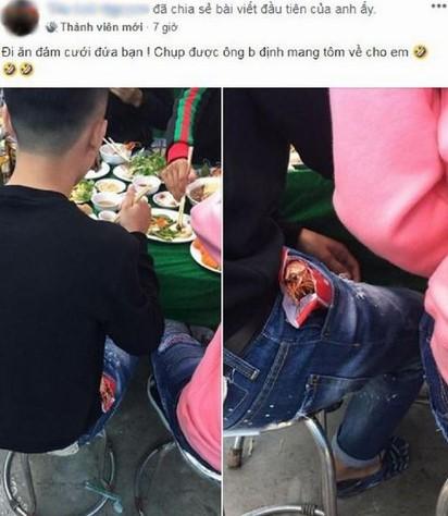 Hình ảnh thức ăn gói vừa vặn trong túi giấy rồi nhét vào túi quần gây nhiều tranh cãi.
